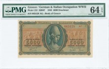 GREECE: 5000 Drachmas (19.7.1943) in green and brown with Goddess Athena at center. Suffix S/N: "663129 ΑΓ" of 4,5mm height. Printed in Athens. Inside...