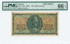 GREECE: Final proof of 5000 Drachmas (19.7.1943) in green and brown with Goddess Athena at center. Two black diagonal stripes on both sides. Printed i...
