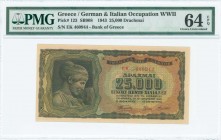 GREECE: 25000 Drachmas (12.8.1943) in black on brown, light blue and green unpt with Nymph Deidamia at left. Prefix S/N: "EK 460944" of 3,5mm height. ...