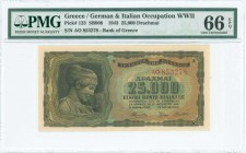 GREECE: 25000 Drachmas (12.8.1943) in black on brown, light blue and green unpt with Nymph Deidamia at left. Prefix S/N: "AO 853278" of 4,5mm height. ...