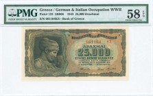 GREECE: 25000 Drachmas (12.8.1943) in black on brown, light blue and green unpt with Nymph Deidamia at left. Suffix S/N: "661104 ΚΣ" of 4,5mm height. ...