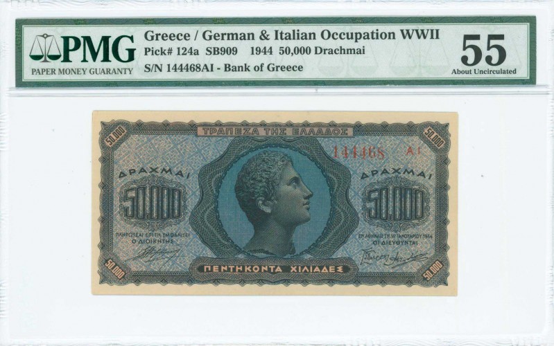 GREECE: 50000 Drachmas (14.1.1944) in blue and black on pale orange unpt with he...