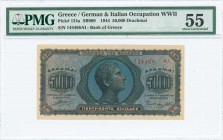 GREECE: 50000 Drachmas (14.1.1944) in blue and black on pale orange unpt with head of youth boy at center. S/N: "144468 AI". Printed in Athens. Inside...