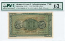 GREECE: 100000 Drachmas (21.1.1944) in black on brown, blue and green unpt with ancient athenian coin of 4 Drachmas at left and right. Prefix S/N: "ΙΓ...