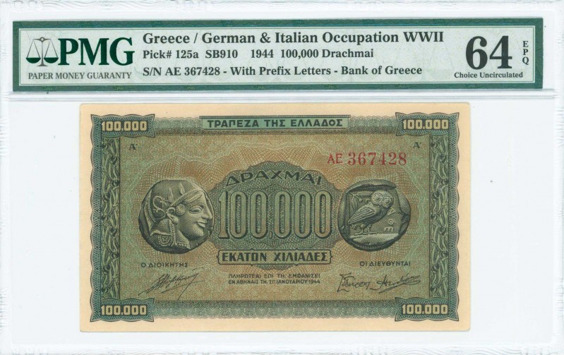 GREECE: 100000 Drachmas (21.1.1944) in black on brown, blue and green unpt with ...