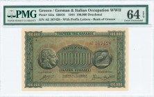 GREECE: 100000 Drachmas (21.1.1944) in black on brown, blue and green unpt with ancient athenian coin of 4 Drachmas at left and right. Prefix S/N: "AE...