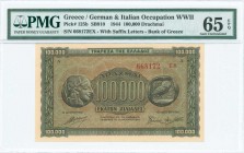 GREECE: 100000 Drachmas (21.1.1944) in black on brown, blue and green unpt with ancient athenian coin of 4 Drachmas at left and right. Suffix S/N: "66...