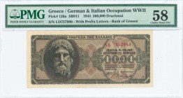 GREECE: 500000 Drachmas (20.3.1944) in black on brown unpt with God Zeus at left. Prefix S/N: "ΛΔ 757980" of 3,5mm height. Inside holder by PMG "Choic...
