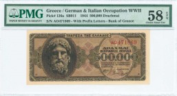 GREECE: 500000 Drachmas (20.3.1944) in black on brown unpt with God Zeus at left. Prefix S/N: "AO 471869" of 4,5mm height. Inside holder by PMG "Choic...