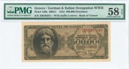 GREECE: 500000 Drachmas (20.3.1944) in black on brown unpt with God Zeus at left. Suffix S/N: "350785 EY" of 3,5mm height. Inside holder by PMG "Choic...