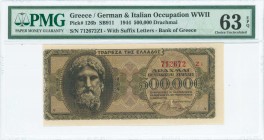 GREECE: 500000 Drachmas (20.3.1944) in black on brown unpt with God Zeus at left. Suffix S/N: "712672 ZI" of 4,5mm height. Inside holder by PMG "Choic...