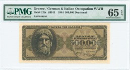 GREECE: Final proof of face and back of 500000 Drachmas (20.3.1944) in black on brown unpt with God Zeus at left. Inside holder by PMG "Gem Uncirculat...