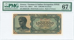 GREECE: 1 million Drachmas (29.6.1944) in black on blue-green and pale orange unpt with youth from Anticythera at left. Prefix S/N: "IH 224126" of 3,5...