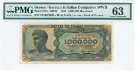 GREECE: 1 million Drachmas (29.6.1944) in black on blue-green and pale orange unpt with youth from Anticythera at left. Prefix S/N: "ΑΘ 674075" of 4,5...