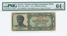 GREECE: 1 million Drachmas (29.6.1944) in black on blue-green and pale orange unpt with youth from Anticythera at left. Suffix S/N: "743034 ΞΕ" of 4,5...