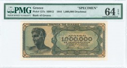 GREECE: Specimen of 1 million Drachmas (29.6.1944) in black on blue-green and pale orange unpt with youth from Anticythera at left. Horizontal perfora...