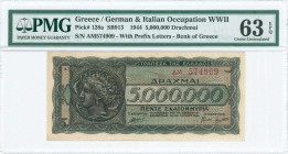 GREECE: 5 million Drachmas (20.7.1944) in black and dark blue on light orange unpt with Arethusa on dekadrachm of Syracuse at left. Prefix S/N: "AM 57...