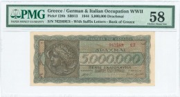 GREECE: 5 million Drachmas (20.7.1944) in black and dark blue on pale orange unpt with ancient coin from Syracuses with Arethusa at left. Suffix S/N: ...