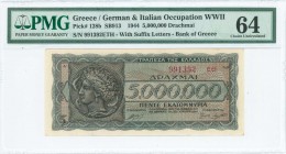 GREECE: 5 million Drachmas (20.7.1944) in black and dark blue on pale orange unpt with ancient coin from Syracuses with Arethusa at left. Suffix S/N: ...