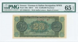 GREECE: 25 million Drachmas (10.8.1944) in dark green and green with ancient coin from Dodoni at left and right. Suffix S/N "355051 EY" of height 4,5m...
