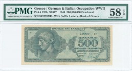 GREECE: 500 million Drachmas (1.10.1944) in dark blue on light blue unpt with head of the statue of God Apollo in Olympia at center. Suffix S/N: "9457...