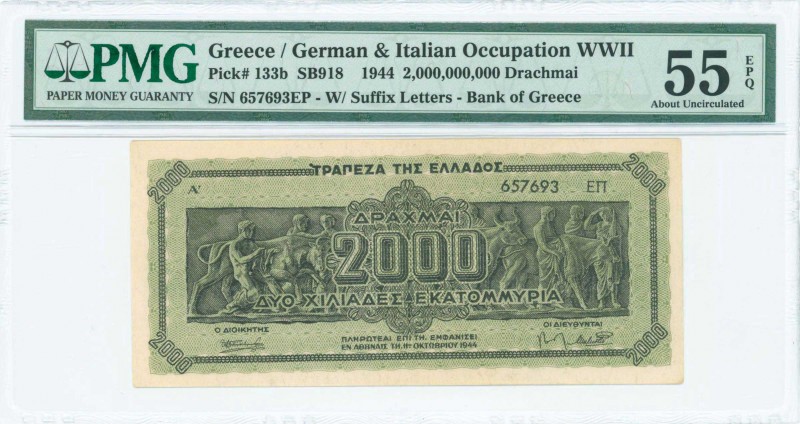 GREECE: 2 billion Drachmas (11.10.1944) in black on light green unpt with Panath...