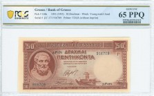 GREECE: 50 Drachmas (1.1.1941 - issued on 2.1.1945) in red with Hesiod at left. S/N: "β.Γ-171 916709". WMK: Goddess Athena. Printed by TDLR (without i...