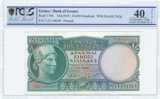 GREECE: 20000 Drachmas (ND 1947) in dark green on multicolor unpt with Athena at left. Variety: Security strip. S/N: "T.25 146605". WMK: God Apollo. P...