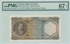 GREECE: 1000 Drachmas (9.1.1947) in dark brown on blue and orange unpt with Kolokotronis at left. S/N: "AM7 818832". WMK: Miltiades. Printed by Bank o...