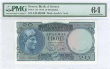 GREECE: 20 Drachmas (15.1.1954) in blue on multicolor with Athena at left. S/N: "A.05- 125304". WMK: God Apollo. Printed by Bank of Greece. Inside hol...