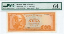 GREECE: 10 Drachmas (15.5.1954) in orange on light blue unpt with King George I at left. S/N: "αυ 554736". WMK: God Apollo. Printed by Bank of Greece....