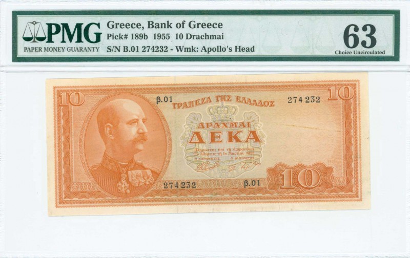 GREECE: 10 Drachmas (1.3.1955) in orange on light blue unpt with King George I a...