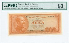 GREECE: 10 Drachmas (1.3.1955) in orange on light blue unpt with King George I at left. S/N: "β.01 274232". WMK: God Apollo. Printed by Bank of Greece...