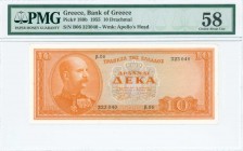 GREECE: 10 Drachmas (1.3.1955) in orange on light blue unpt with King George I at left. S/N: "β.06 323040". WMK: God Apollo. Printed by Bank of Greece...