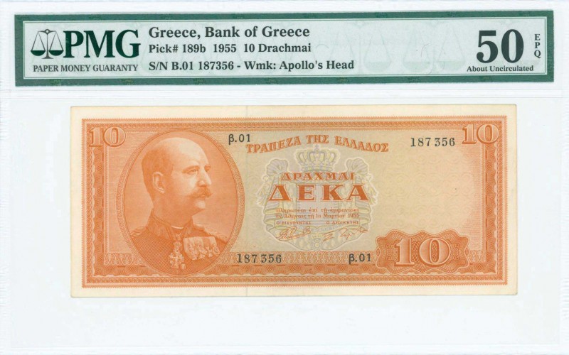 GREECE: 10 Drachmas (1.3.1955) in orange on light blue unpt with King George I a...