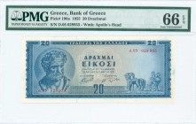 GREECE: 20 Drachmas (1.3.1955) in blue on light green and light orange unpt with Demokritos at left. S/N: "Δ.05 029955". WMK: God Apollo. Printed by B...