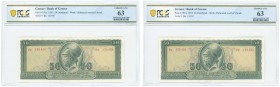 GREECE: 2x 50 Drachmas (1.3.1955) in deep green on light blue, light orange and light green unpt with Pericles at center. Consecutive S/N: "βψ. 132430...