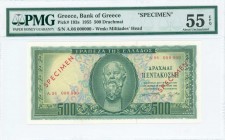 GREECE: Specimen of 500 Drachmas (8.8.1955) in green on light blue, light orange and light green unpt with portrait of Socrates at center. Two red ovp...