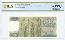 GREECE: 500 Drachmas (1.11.1968) in green and dark green on multicolor unpt with Goddess Demeter, Triptolemos and Persefoni at center left. S/N: "06Θ ...