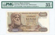 GREECE: 1000 Drachmas (1.11.1970 - 1972 issued) in brown on multicolor unpt with Zeus at left. S/N: "01Ξ 944508". WMK: The youth of Antikithera on fir...