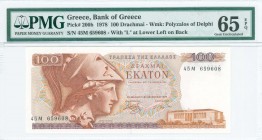 GREECE: 100 Drachmas (8.12.1978) in red and violet on multicolor unpt with Athena at left. S/N: "45M 659608". Variety: Letter "Λ" at lower left on bac...