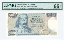 GREECE: 5000 Drachmas (23.3.1984) in dark blue on multicolor unpt with Theodoros Kolokotronis at left. S/N: "31E 613616". WMK: The Charioteer from Del...