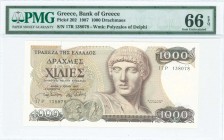 GREECE: 1000 Drachmas (1.7.1987) in dark brown on multicolor unpt with Apollo at center right. S/N: "17P 138078". WMK: The Charioteer from Delphi. Pri...