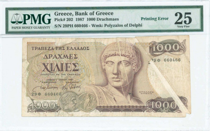 GREECE: 1000 Drachmas (1.7.1987) in dark brown on multicolor unpt with Apollo at...