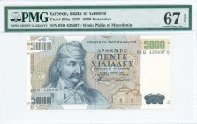 GREECE: 5000 Drachmas (1.6.1997) in dark blue on multicolor unpt with Theodoros Kolokotronis at left. S/N: "02Ω 428697". WMK: Philip the second and la...