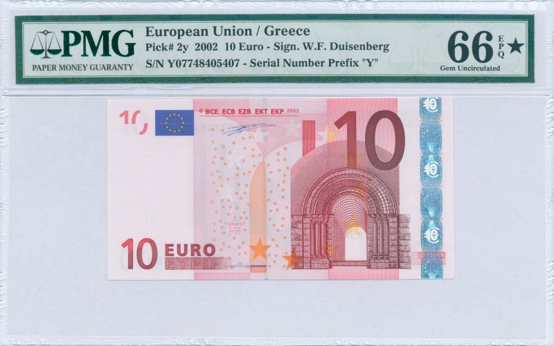 GREECE: 10 Euro (2002) in red and multicolor with gate in romanesque period. S/N...