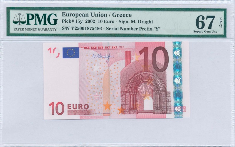 GREECE: 10 Euro (2002) in red and multicolor with gate in romanesque period. S/N...