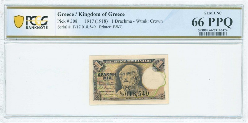 GREECE: 1 Drachma (ND 1918) in black on light green and pink unpt with Homer at ...