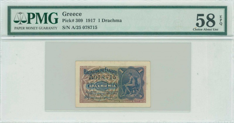 GREECE: 1 Drachma (27.10.1917) in dark blue on multicolor unpt with God Hermes a...