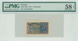 GREECE: 1 Drachma (27.10.1917) in dark blue on multicolor unpt with God Hermes at right. S/N: "A/25 078715". Printed by BWC. Inside holder by PMG "Cho...